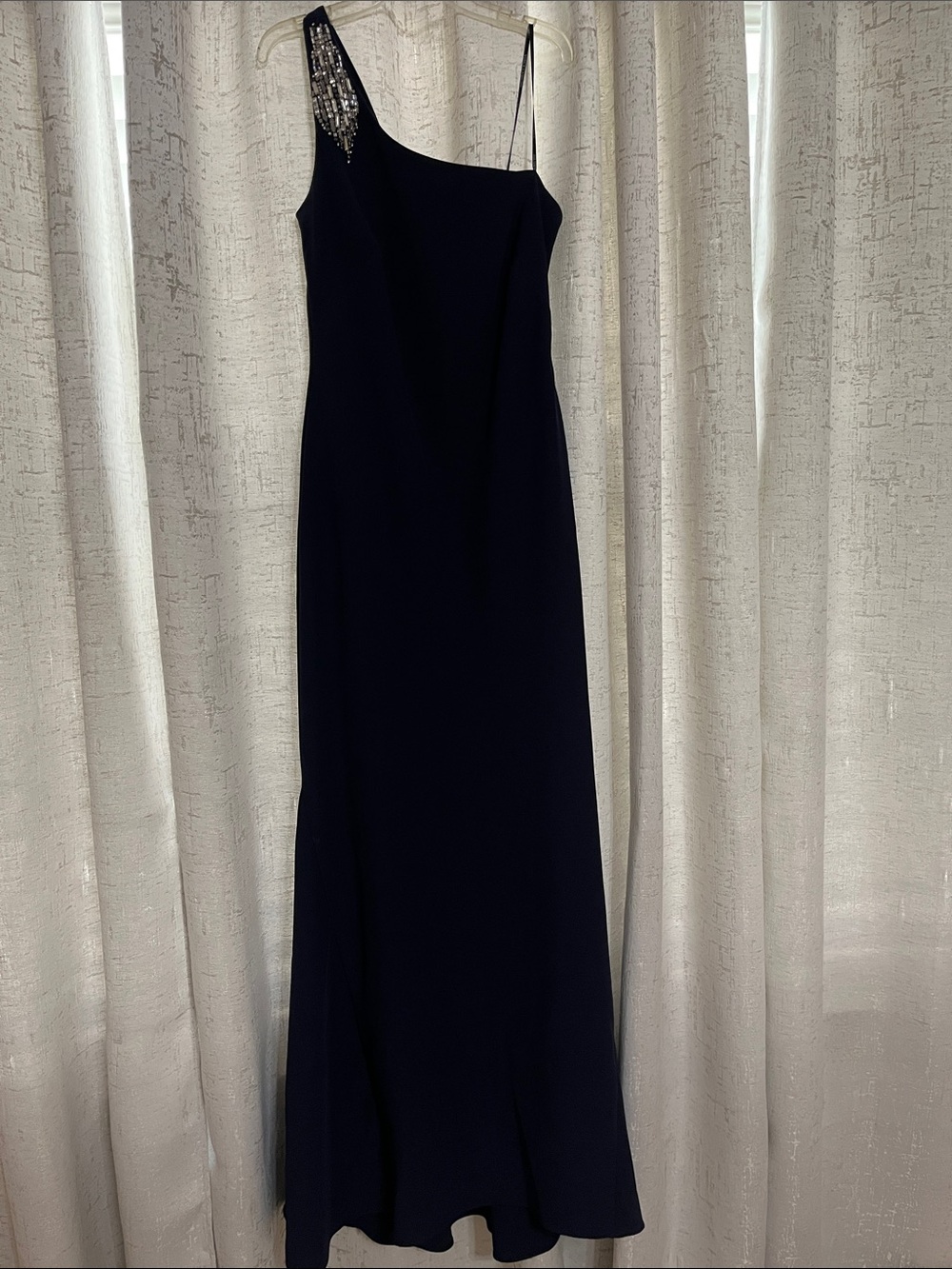 Vince Camuto One-Shoulder Navy Evening Gown with Beaded Accent